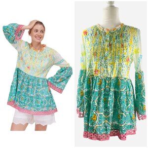 NEW Modaposa Babydoll Bell Sleeve Mixed print Blouse Size S 100% cotton